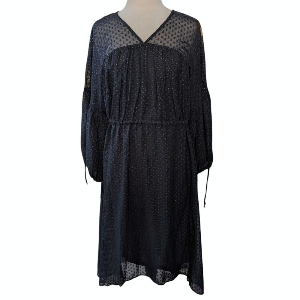 H&M Black Swiss Dot Sheer Sleeve Midi Dress Sz 2/eu32 Boho Romantic Lined